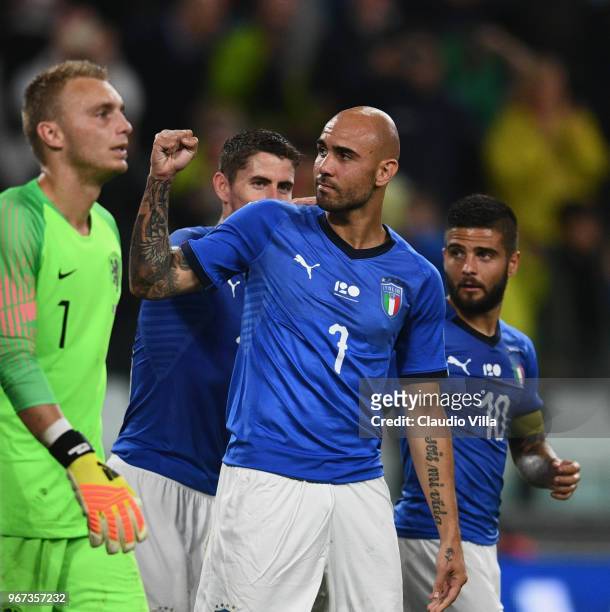 Simone Zaza of Italy celebrates after scoring the opening goal during the International Friendly match between Italy and Netherlands at Allianz...