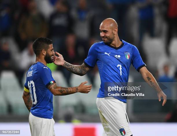 Simone Zaza of Italy celebrates with Lorenzo Insigne after scoring the opening goal during the International Friendly match between Italy and...