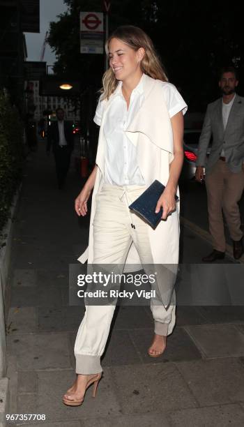 Cody Horn seen leaving her hotel and arriving at Annabel's club in Mayfair on June 4, 2018 in London, England.