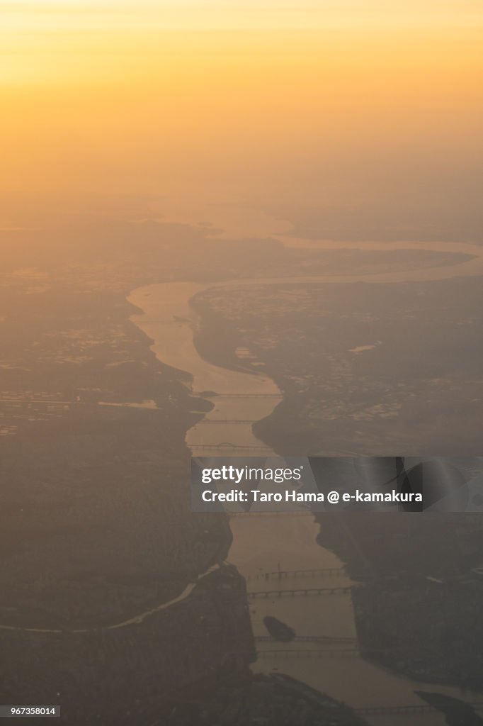 Han River in Korea sunset time aerial view from airplane