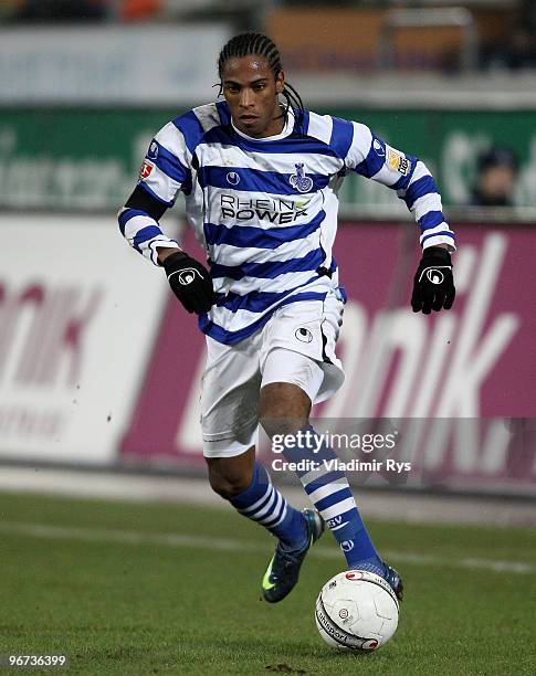Caiuby of Duisburg in action during the Second Bundesliga match between MSV Duisburg and 1. FC Kaiserslautern at MSV Arena on February 15, 2010 in...
