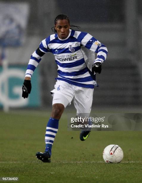 Caiuby of Duisburg in action during the Second Bundesliga match between MSV Duisburg and 1. FC Kaiserslautern at MSV Arena on February 15, 2010 in...
