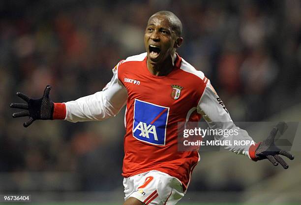 Braga´s forward Paulo Cesar from Brazil celebrates after scoring against Sporting CP during their Portuguese league football match at the AXA Stadium...