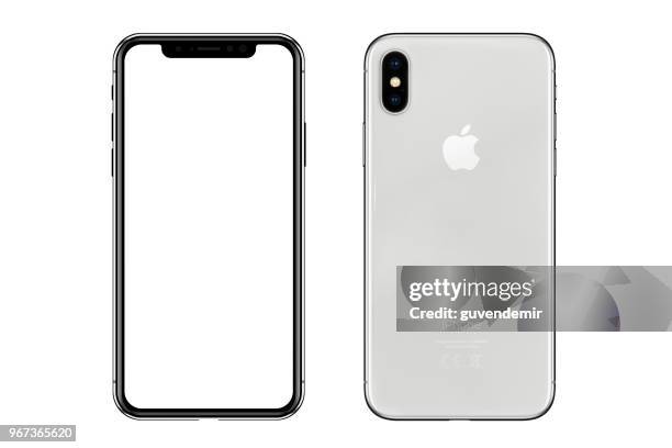 apple iphone x silver white blank screen and rear view - bluetooth stock pictures, royalty-free photos & images