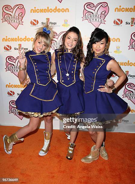 Actresses Mandy Rain, Jacque Nimble and Monica Parales attend the premiere of Nickelodeon's 'School Gyrls' at Six Flags Magic Mountain on February...