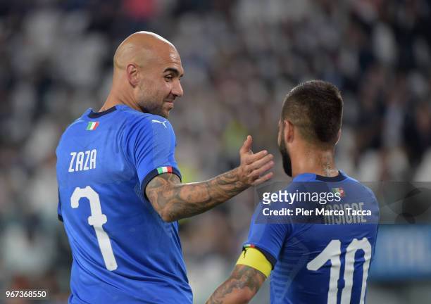 Simone Zaza of Italy celebrates his first goal with Lorenzo Insigne during the International Friendly match between Italy and Netherlands at Allianz...