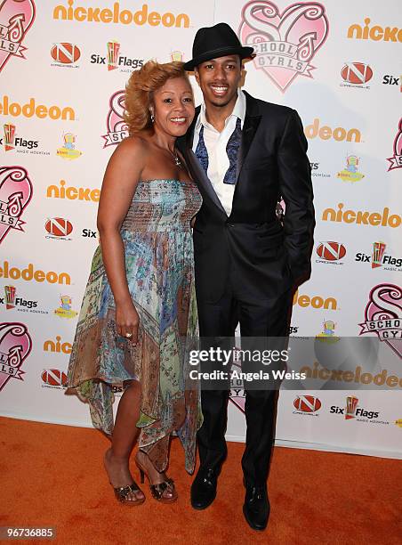 Actor/rapper Nick Cannon and his mother Beth attend the premiere of Nickelodeon's 'School Gyrls' at Six Flags Magic Mountain on February 15, 2010 in...