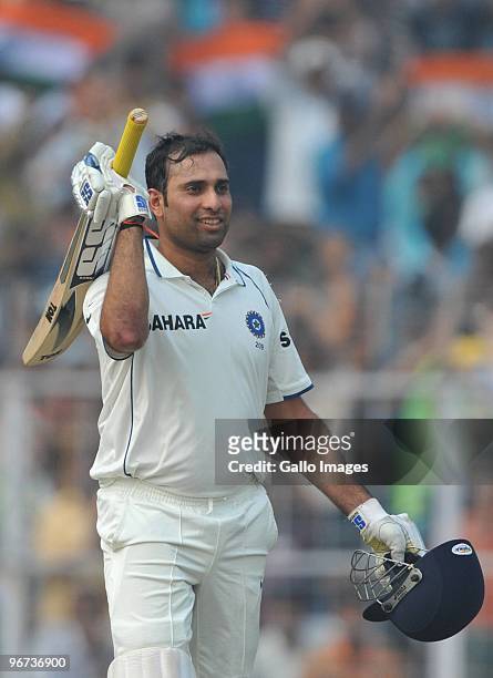 Laxman of India celebrates his 100 during the day three of the Second Test match between India and South Africa at Eden Gardens on February 16, 2010...