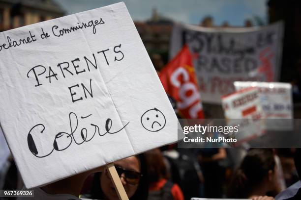 Placard reading 'Angry parents'. Primary school teachers and parents'pupils gathered and demonstrated in front of the Prefecture of the Haute-Garonne...