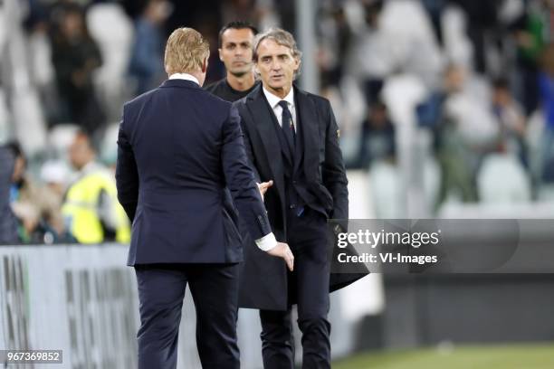 Coach Ronald Koeman of Holland. Coach Gian Roberto Mancini of Italy during the International friendly match between Italy and The Netherlands at...