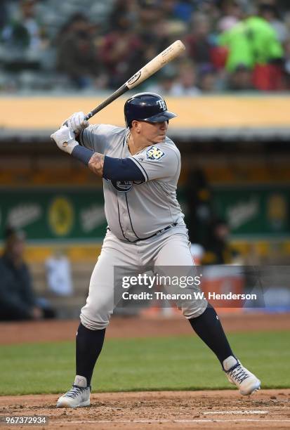 Jesus Sucre of the Tampa Bay Rays bats against the Oakland Athletics in the top of the second inning at the Oakland Alameda Coliseum on May 30, 2018...