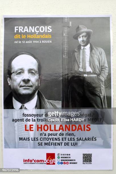 Affiche de la CGT représentant une caricature de François Hollande lors de la manifestation contre la loi travail dite 'loi El Khomry' le 19 mai...