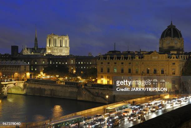 The Cite with the Pont au Change or Money Changer s bridge on the Seine river, The Commercial courts, the Hotel Dieu hospital and Notre Dame...