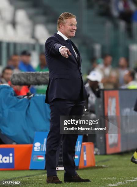 Head coach of Netherlands Ronald Koeman reacts during the International Friendly match between Italy and Netherlands at Allianz Stadium on June 4,...