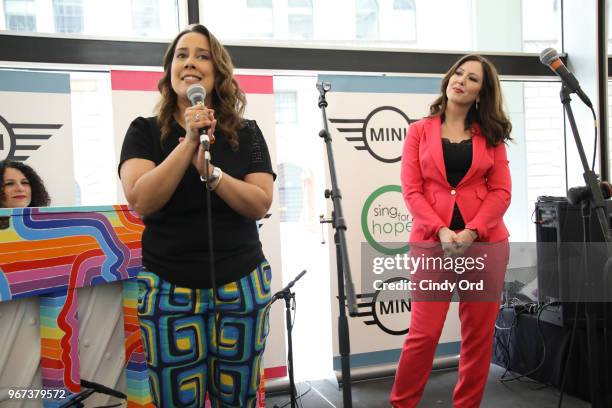 Sing For Hope co-founders Monica Yunus and Camille Zamora speak as the 2018 Sing for Hope Pianos are unveiled at 28 Liberty on June 4, 2018 in New...