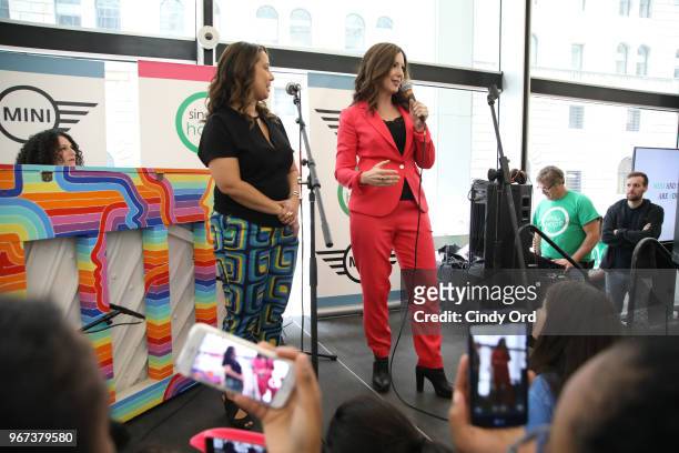 Sing For Hope co-founders Monica Yunus and Camille Zamora speak as the 2018 Sing for Hope Pianos are unveiled at 28 Liberty on June 4, 2018 in New...