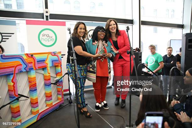 Sing For Hope co-founders Monica Yunus and Camille Zamora pose for a photo with singer Sarah Dash as The 2018 Sing for Hope Pianos are unveiled at 28...