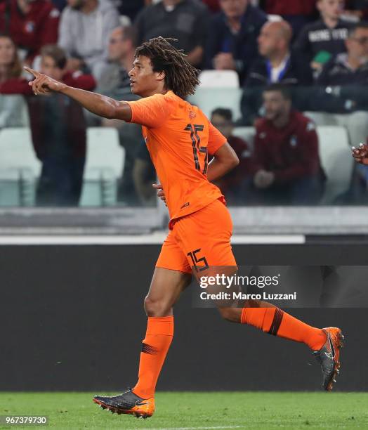 Nathan Ake of Holland celebrates after scoring the equalizing goal during the International Friendly match between Italy and Netherlands at Allianz...