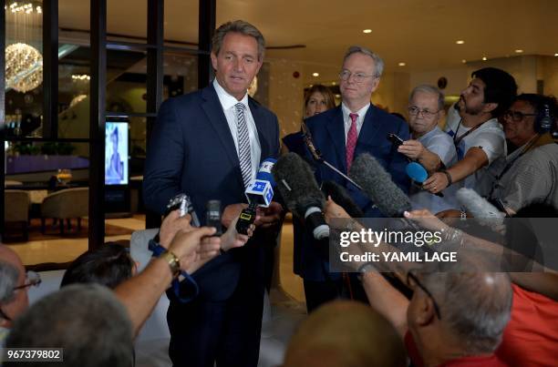 Senator from Arizona Jeff Flake and former Google president and current board member Eric Schmidt give a press conference at the Melia Cohiba hotel...