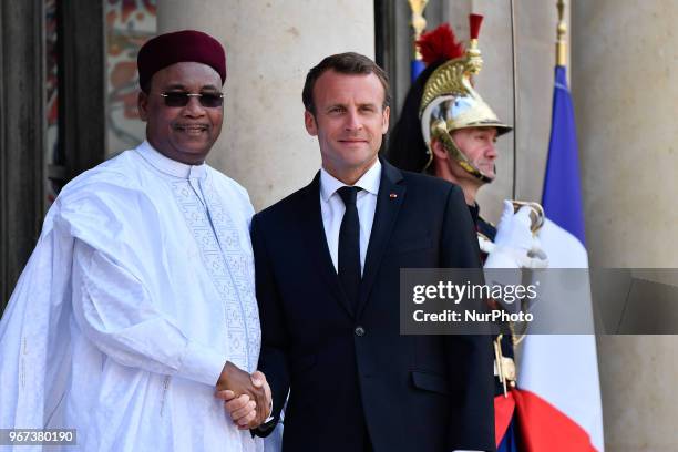 The French President, Emmanuel Macron received for a meeting the Niger Republic President, Mahamadou Issoufou at the Elysée Palace, on the 04 May...