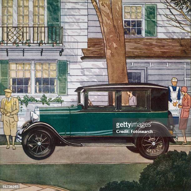 Illustration of Motor Car, 1929. Ladies Home Journal of June 1929 showing side view of motor car outside house with lady writing orders for maid and...