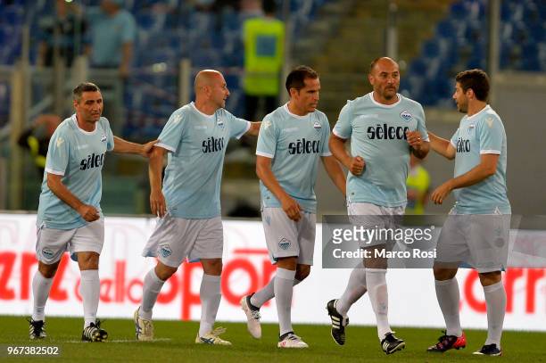 Tommaso Rocchi of SS Lazio celebrates a goal during the match between SS Lazio Legends and West Ham Legends part of the event 'Di Padre In Figlio' on...