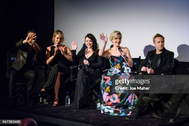 Lee Latchford-Evas, Faye Tozer, Lisa Scott-Lee, Claire Richards and Ian 'H' Watkins take part in a Q&A session at the DVD launch of 'Steps Party On...
