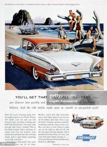 Advertisement for Chevrolet Biscayne 4-door Sedan, circa 1950. Illustration with rear view of car in beach scene. Main text 'You'll Get That Chevy...