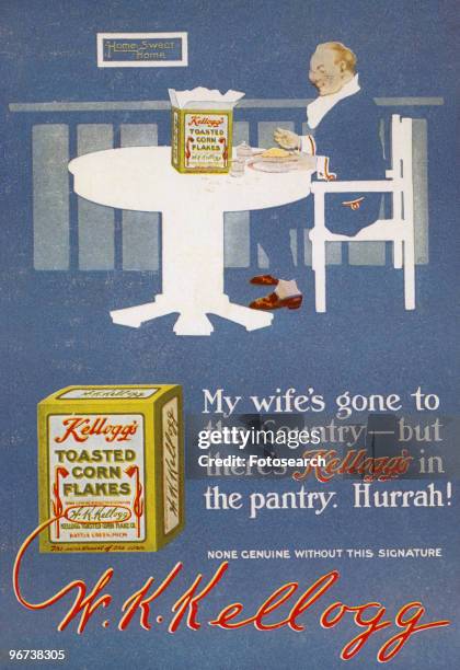 Advertisement for Kellogg's Corn Flakes circa 1920. Illustration of smartly dressed man sitting at table eating bowl of corn flakes and text 'My...