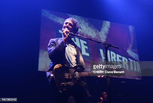 Pete Doherty of The Libertines performs at the "Hoping For Palestine" benefit concert for Palestinian refugee children at The Roundhouse on June 4,...