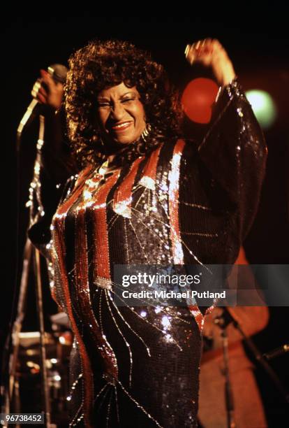 Cuban salsa singer Celia Cruz performing at Hammersmith Palais, London, 1986.