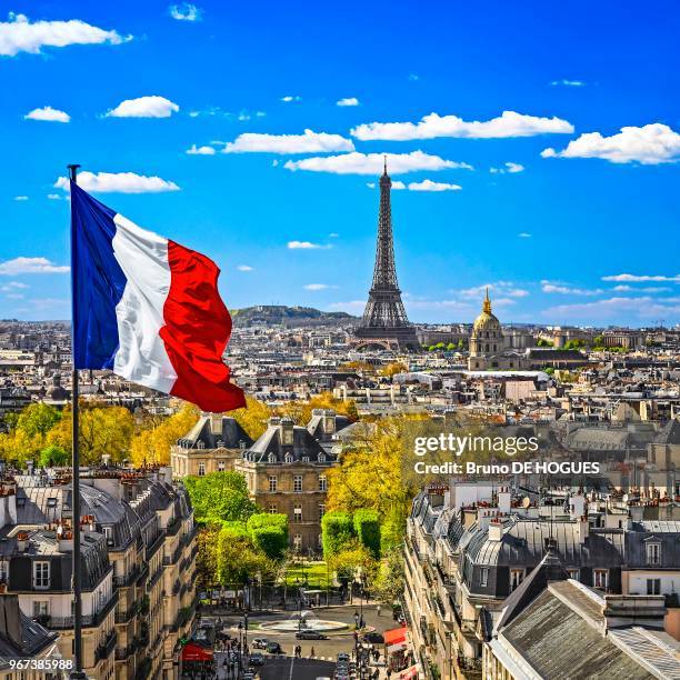 Vue depuis la colonnade du Panthéon sur le Sénat, le Dôme des Invalides, la Tour Eiffel et le Mont Valérien, 18 avril 2016, Paris, France.