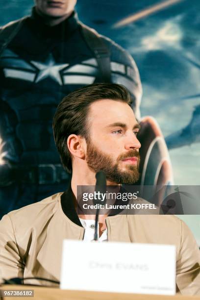 Acteur américain Chris Evans durant la conférence de presse du film 'Captain America - le soldat de l'hiver' le 17 mars 2014 à l'hôtel Park Hyatt...