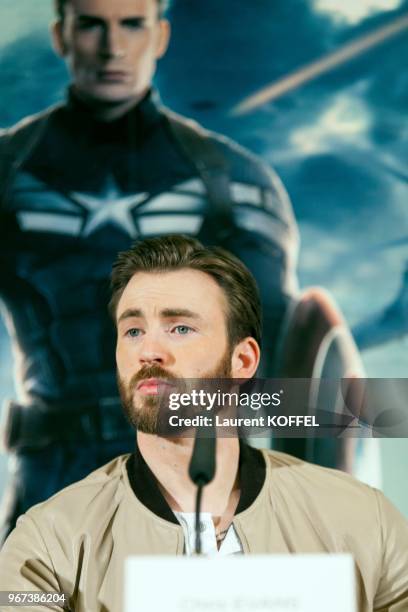 Acteur américain Chris Evans durant la conférence de presse du film 'Captain America - le soldat de l'hiver' le 17 mars 2014 à l'hôtel Park Hyatt...