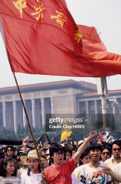 Manifestation des étudiants sur la place Tian'anmen le 30 mai 1989 à Pékin en Chine.