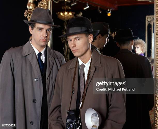 Neil Tennant and Chris Lowe of English synthpop duo the Pet Shop Boys during their collaboration with Dusty Springfield on the single 'What Have I...