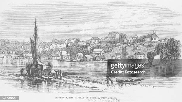 Engraving of boats on river in Monrovia, Liberia, circa 1850. .