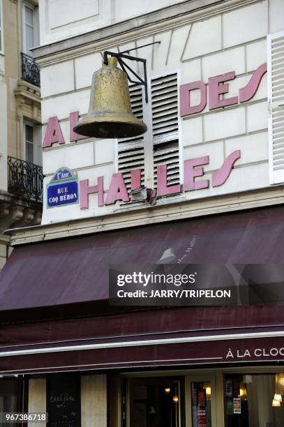 The facade of A la Cloche des Halles bar and restaurant located in Rue Coq Heron, 1 st arrondissement, Paris, Ile de France Region, France.