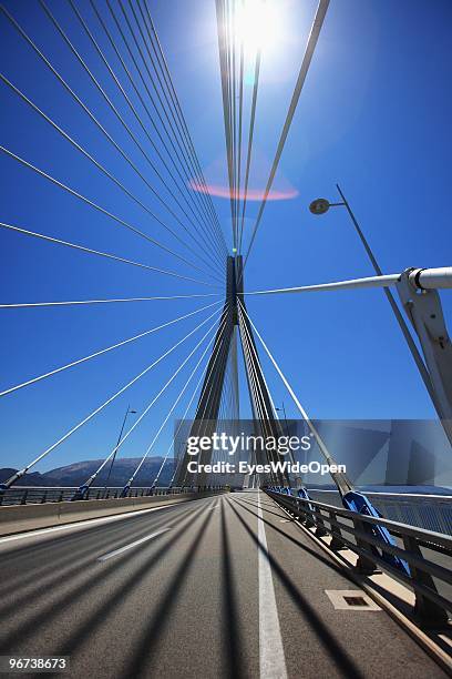 Rio-Andirrio Bridge or Charilaos-Trikoupis-Bridge on June 15, 2009 in Patras, Greece. The bridge crossing the Golf of Korinth is connecting the...