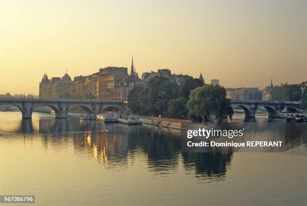 Ile de la Cite et le pont Neuf sur la Seine, vue partielle du grand bras a gauche petit bras a droite, au centre la pointe ouest de l'ile de la Cite...