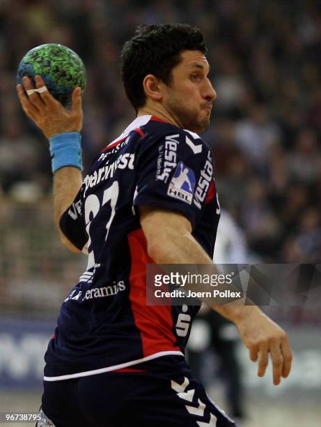 Alexander Petersson of Flensburg plays the ball during the Toyota Handball Bundesliga game between SG Flensburg-Handewitt and SG Magdeburg at the...