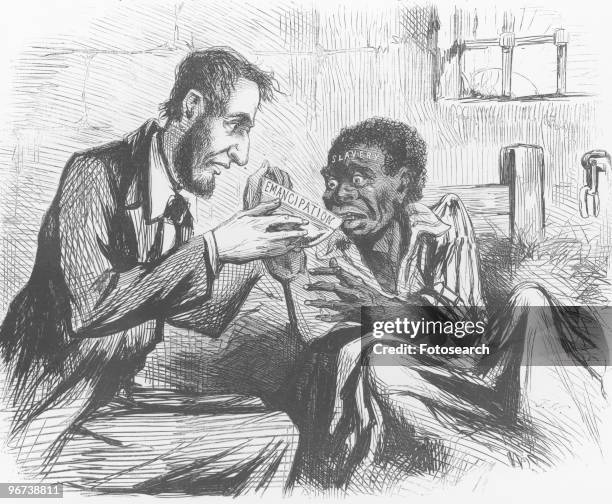 Cartoon of Abraham Lincoln feeding a bedridden Black enslaved man with bowl of emancipation circa 1873. .