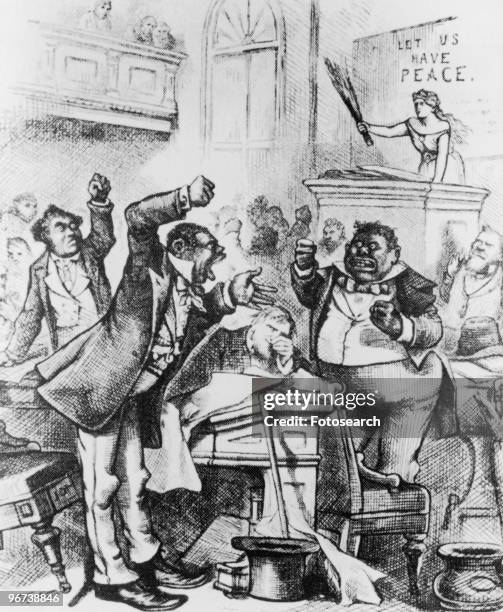 Cartoon of black legislators arguing circa 1874. Text 'Let us Have Peace', captioned 'Colored Rule in a Reconstructed State, by Thomas Nast in...