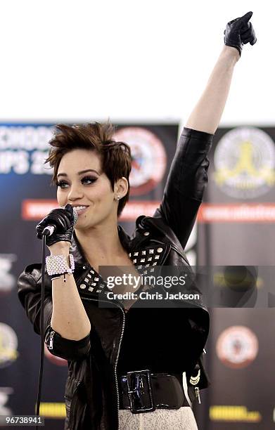 Singer and dancer Kimberly Wyatt talks during a photocall to launch a partnership between the High Schools Street Dance Championship and Beat...