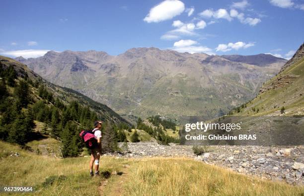 Man Trekking, Hautes Alpes on July 21, 2009 in Parc des Ecrins, France.