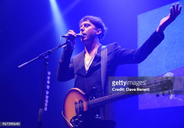 Carl Barat of The Libertines performs at the "Hoping For Palestine" benefit concert for Palestinian refugee children at The Roundhouse on June 4,...