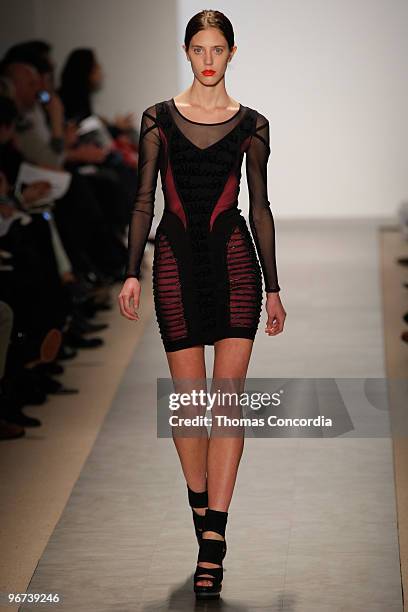 Model walks the runway at the Herve Leger Fall 2010 fashion show during Mercedes-Benz Fashion Week at The Tent at Bryant Park on February 14, 2010 in...