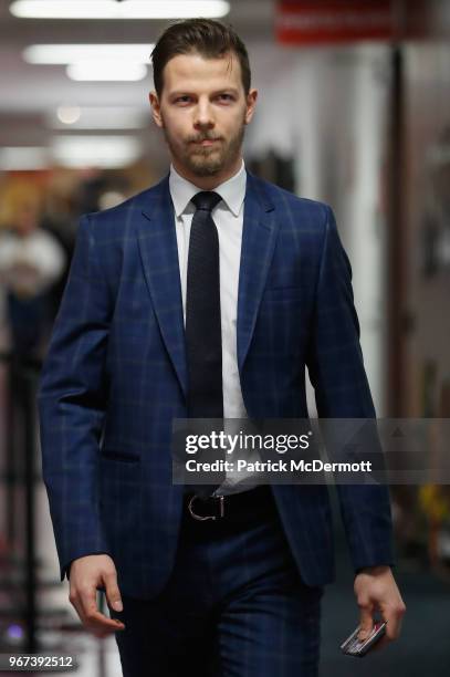 Alex Chiasson of the Washington Capitals arrives for Game Four of the 2018 NHL Stanley Cup Final to play against the Vegas Golden Knights at Capital...