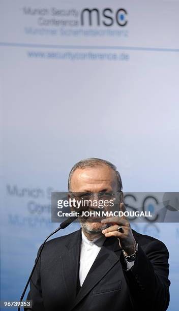 Iranian Foreign Minister Manouchehr Mottaki addresses a press conference at the 46th Munich Security Conference at the Bayerischer Hof hotel in...