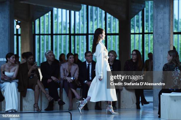 Model walks the runway at the Max Mara Resort Show 2019 at Collezione Maramotti on June 4, 2018 in Reggio nell'Emilia, Italy.